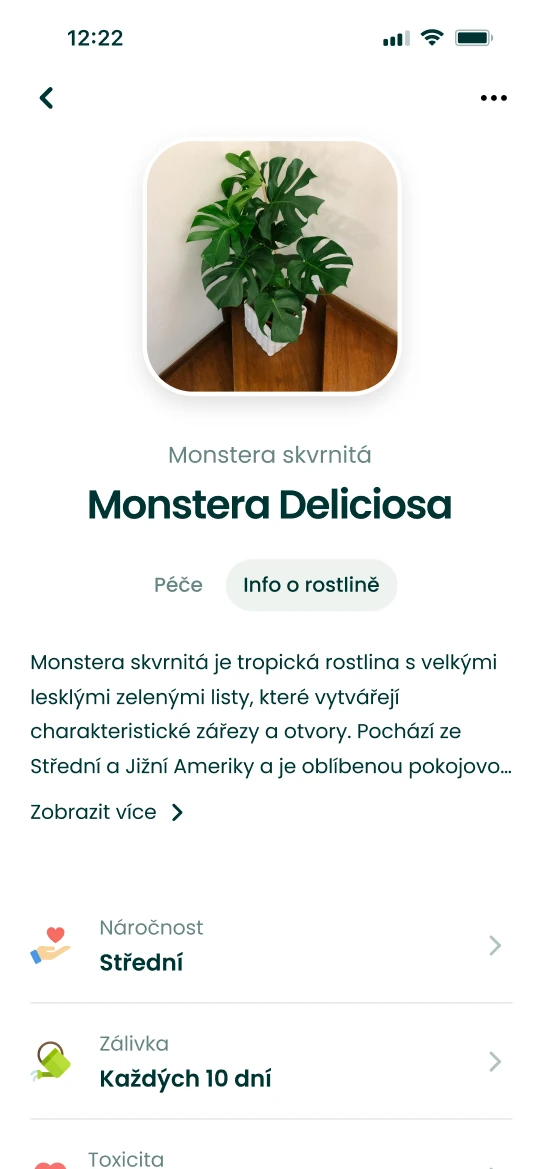 Karta rostliny Monstera deliciosa v aplikaci Plantalya s informacemi o péči