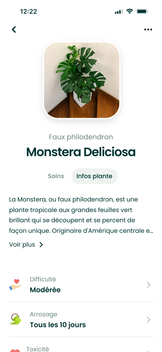 Fiche plante d’un Monstera deliciosa dans l’app Plantalya avec ses informations de soin
