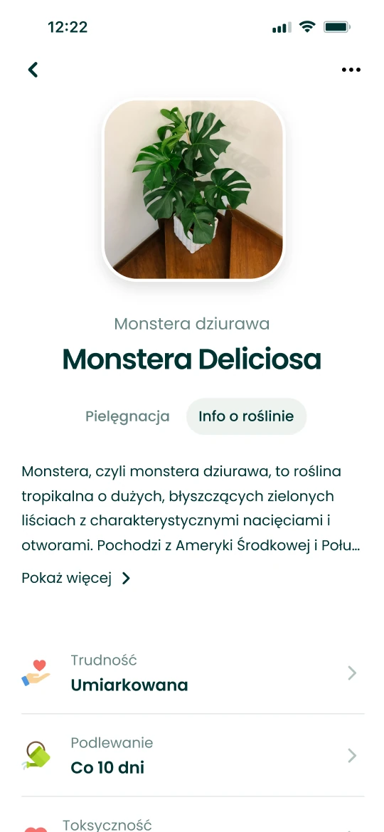 Karta Monstery deliciosa w aplikacji Plantalya z informacjami o pielęgnacji
