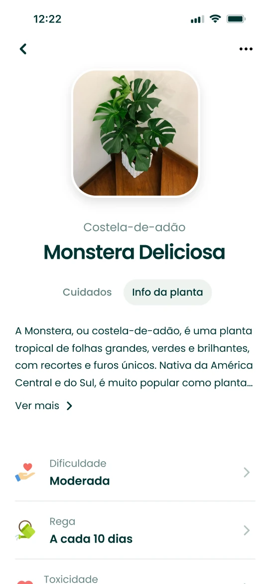 Ficha de uma Monstera deliciosa na app Plantalya com as informações de cuidados