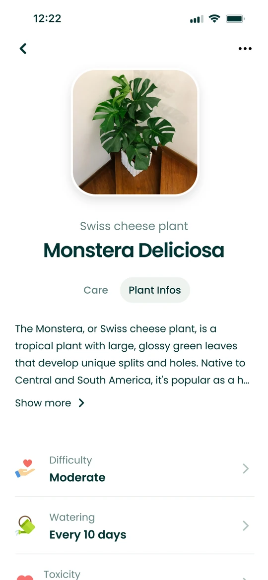 Plantalya app plant sheet for a Monstera deliciosa with its care information