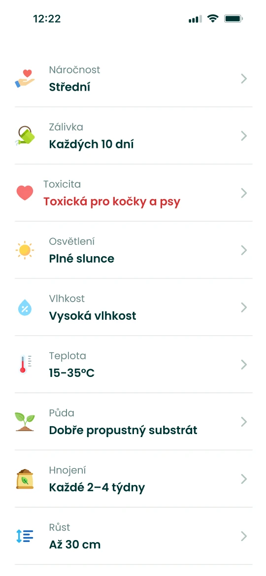 Karta péče v aplikaci Plantalya s toxicitou rostliny vedle zálivky a světla