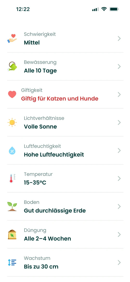 Pflegeseite der Plantalya-App mit der Giftigkeit der Pflanze neben Gießen und Lichtbedarf