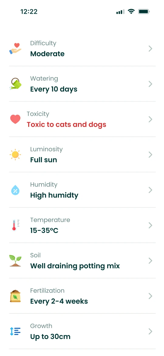 Plantalya app care sheet showing the plant's toxicity next to watering and light needs