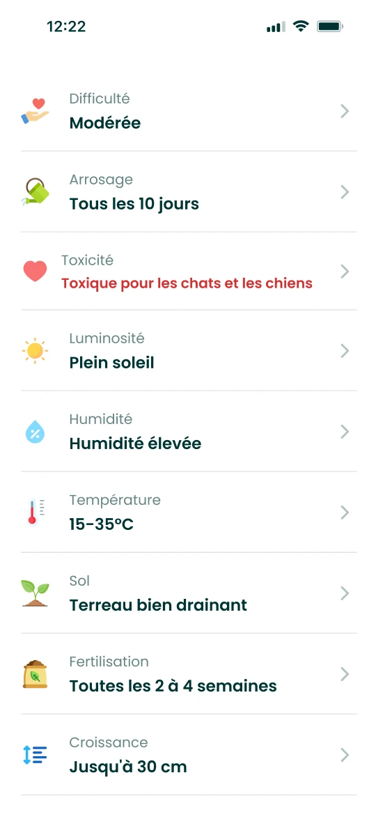 Fiche de soin de l’app Plantalya indiquant la toxicité de la plante à côté de l’arrosage et de la lumière