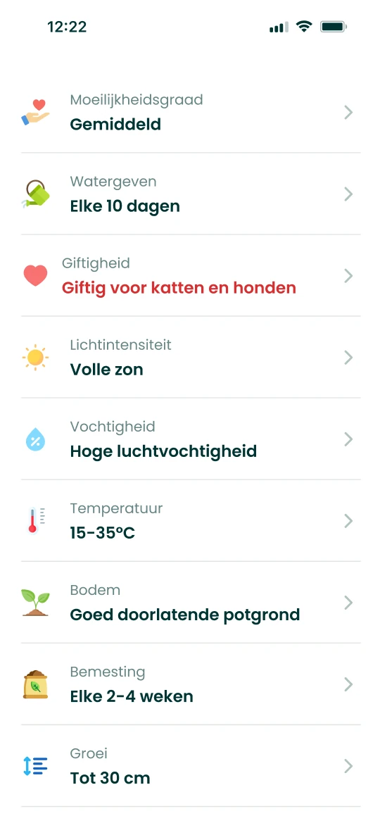 Verzorgingspagina van de Plantalya-app met de giftigheid van de plant naast water en licht
