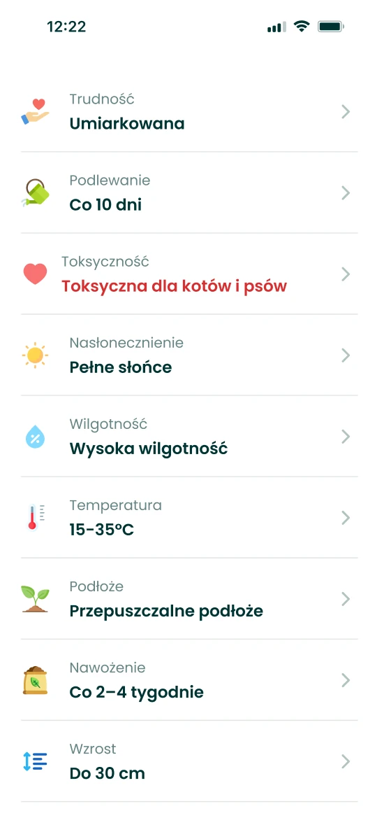 Karta pielęgnacji w aplikacji Plantalya pokazująca toksyczność rośliny obok podlewania i światła