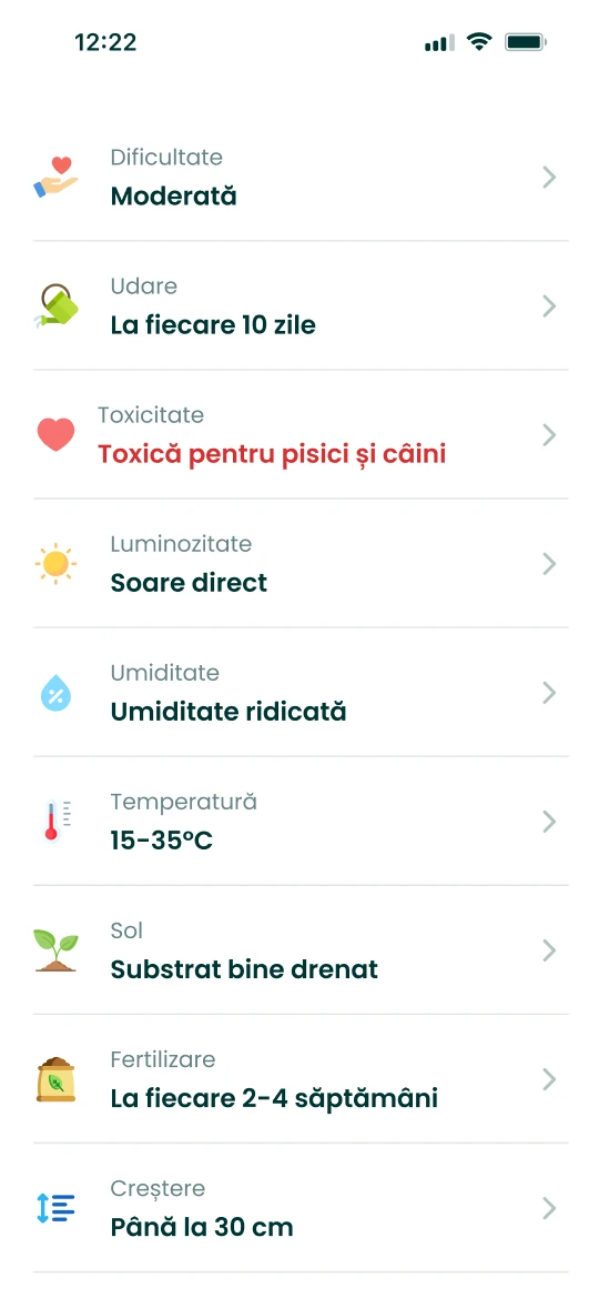 Fișa de îngrijire din aplicația Plantalya care arată toxicitatea plantei lângă udare și lumină