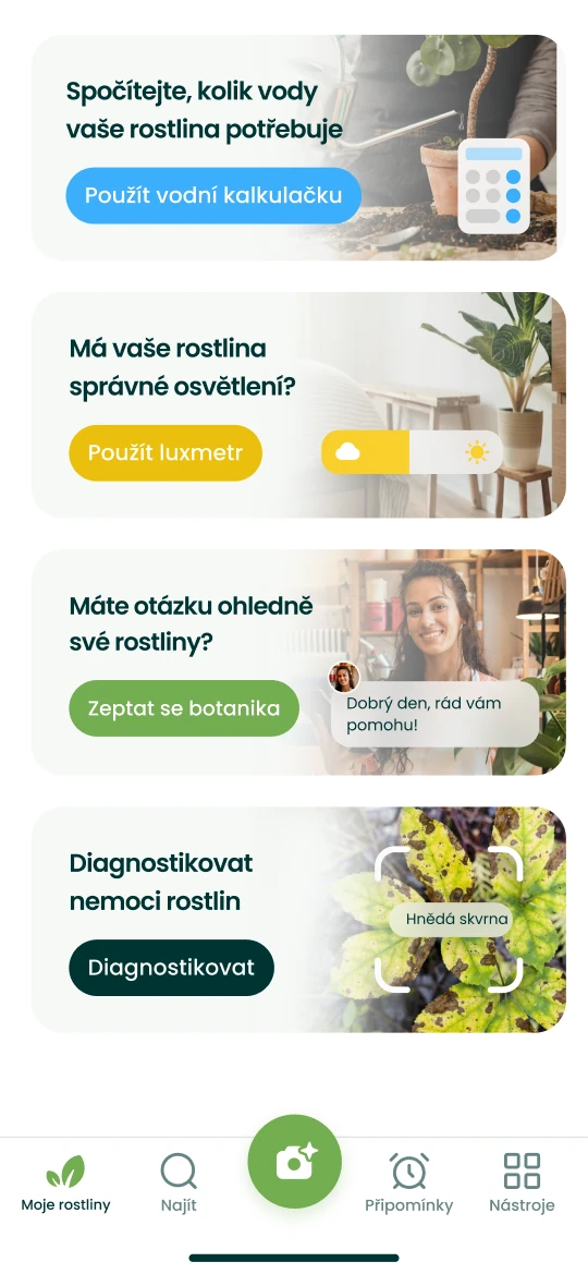 Nástroje aplikace Plantalya: kalkulačka vody, luxmetr, dotaz na botanika a diagnóza