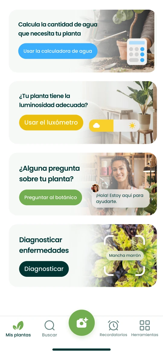 Herramientas de la app Plantalya: calculadora de agua, luxómetro, consulta al botánico y diagnóstico