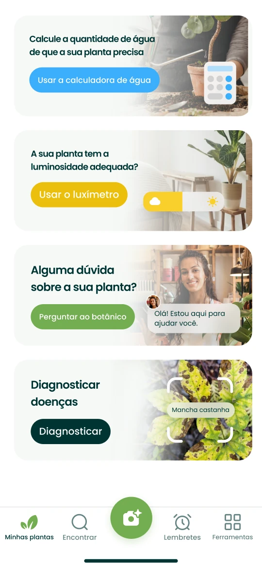 Ferramentas da app Plantalya: calculadora de água, luxímetro, pergunta ao botânico e diagnóstico
