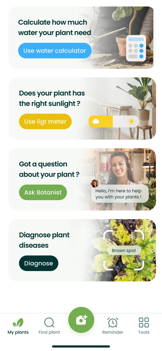Plantalya app tools: water calculator, light meter, ask a botanist and diagnosis