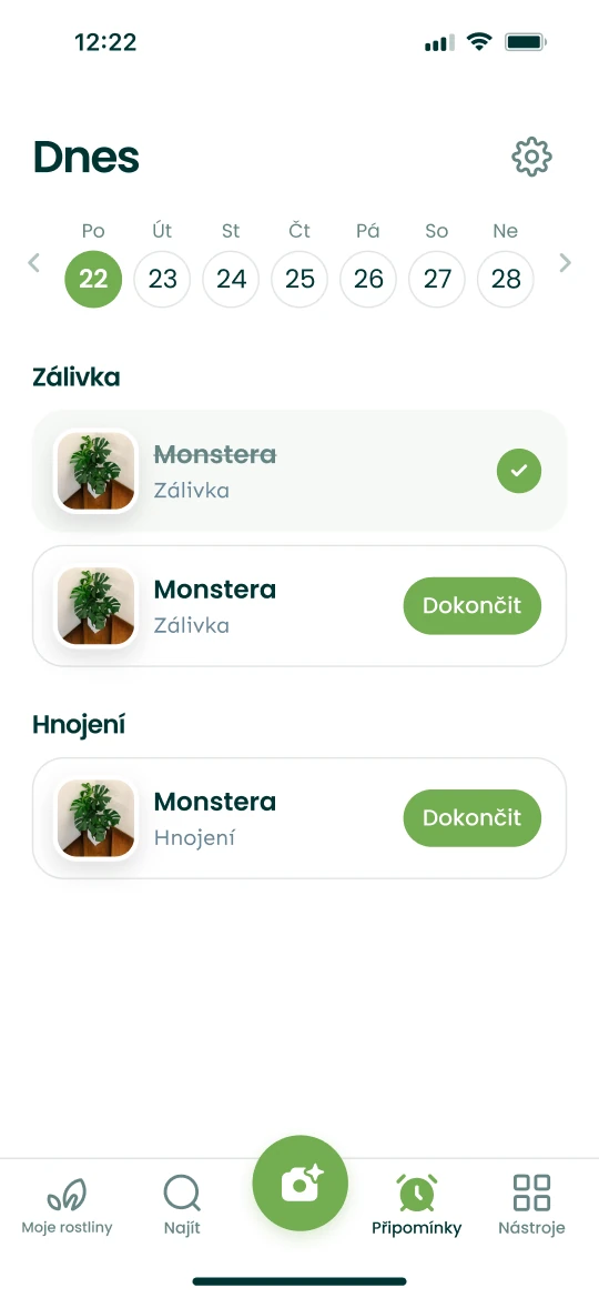 Obrazovka Připomínky v aplikaci Plantalya s dnešním zaléváním a hnojením