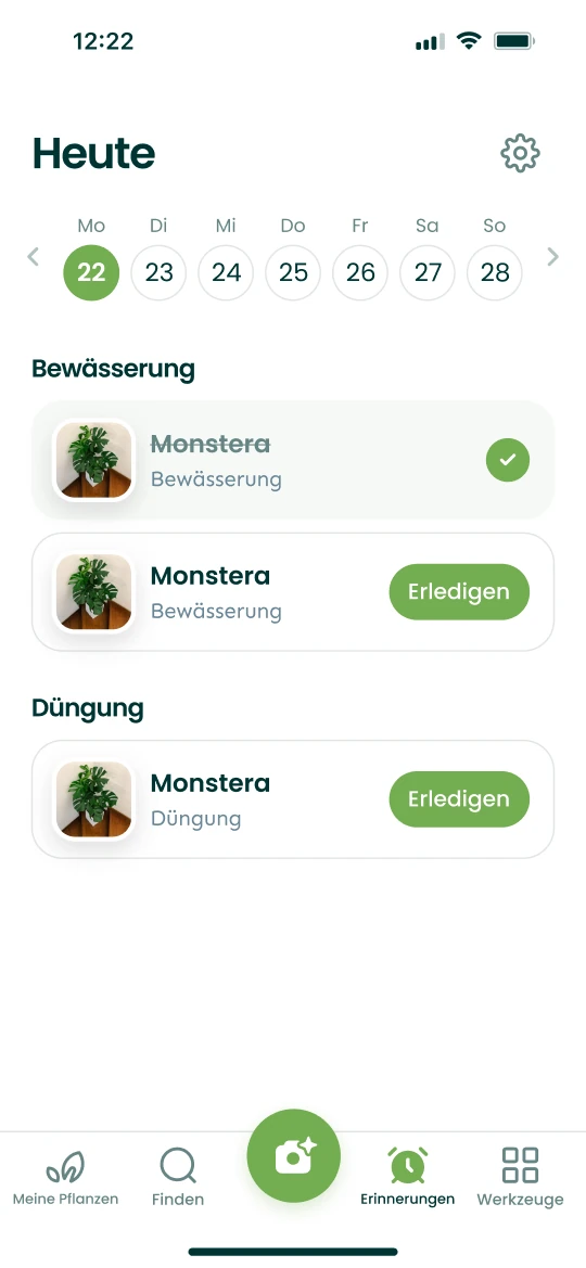 Erinnerungen-Bildschirm der Plantalya-App mit dem Gießen und Düngen des Tages