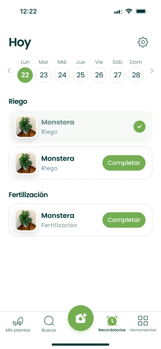 Pantalla Recordatorios de la app Plantalya con los riegos y abonos del día