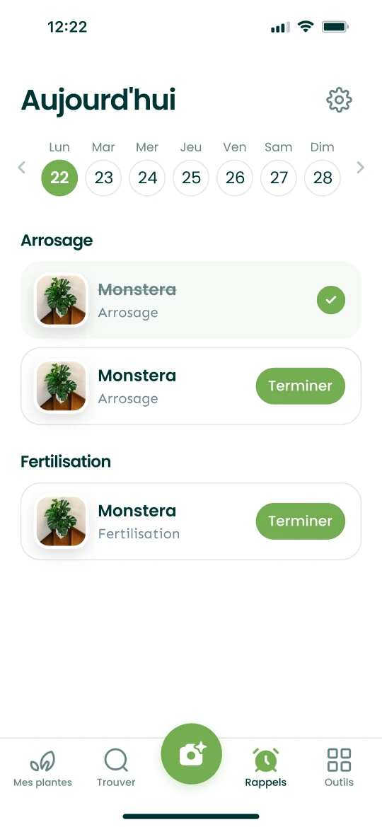 Écran Rappels de l’app Plantalya avec les arrosages et engrais du jour