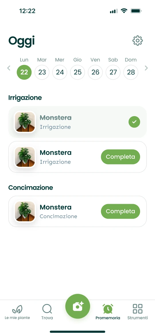 Schermata Promemoria dell’app Plantalya con le annaffiature e le concimazioni del giorno