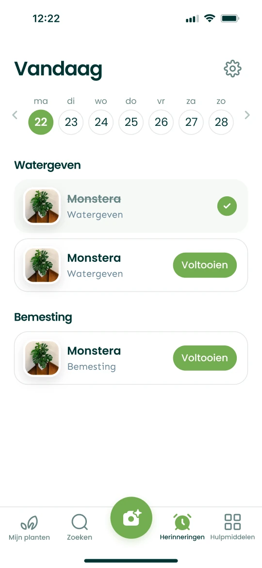 Herinneringenscherm van de Plantalya-app met het water geven en bemesten van vandaag
