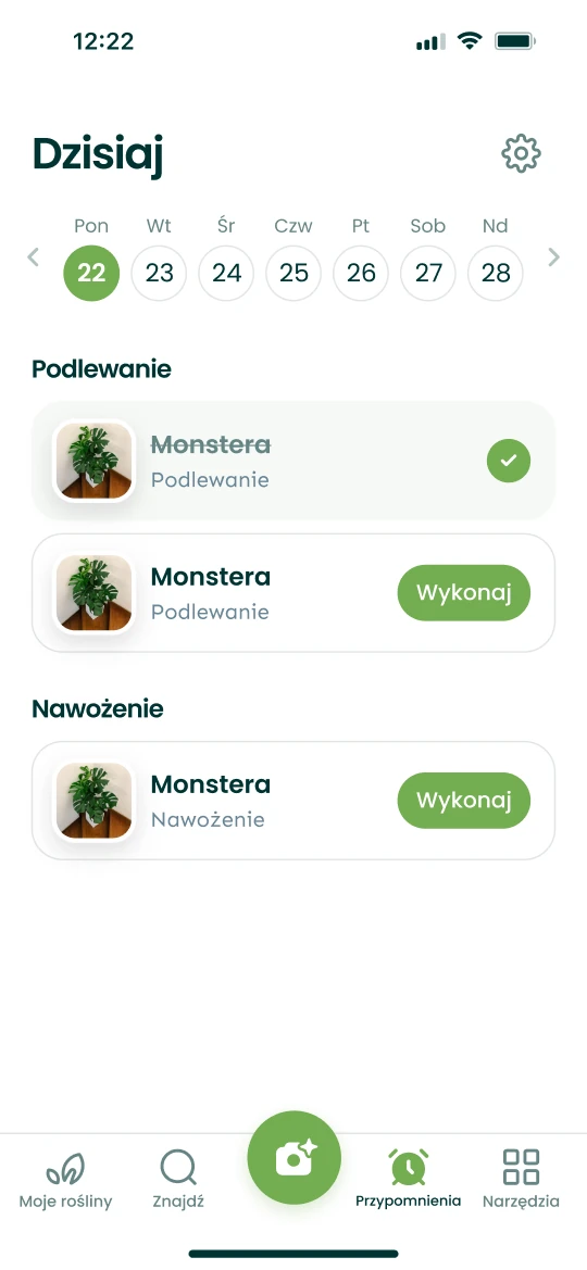 Ekran Przypomnienia w aplikacji Plantalya z dzisiejszym podlewaniem i nawożeniem