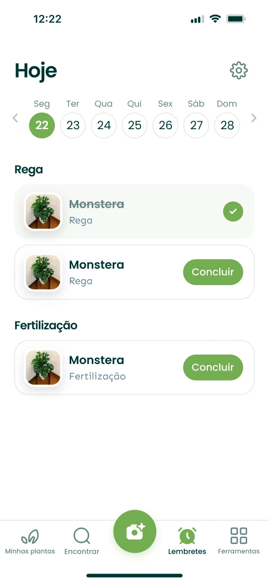 Ecrã Lembretes da app Plantalya com as regas e adubações do dia