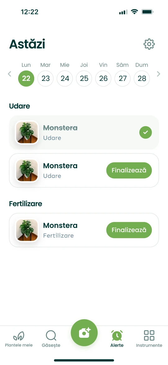 Ecranul Mementouri din aplicația Plantalya cu udările și fertilizările zilei